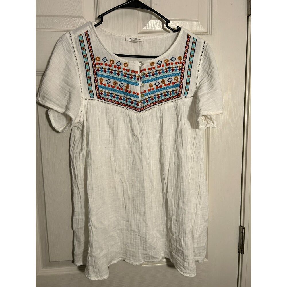 Beachlunchlounge White Embroidered Double Gauze Cotton Top Small S